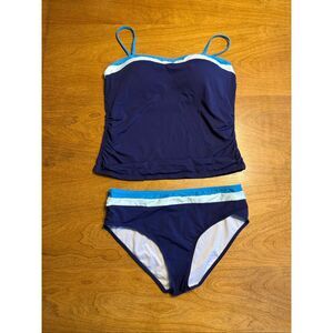 Daci Women's Ruched Colorblock Sleeveless Tankini Swim Set Navy White Size Large